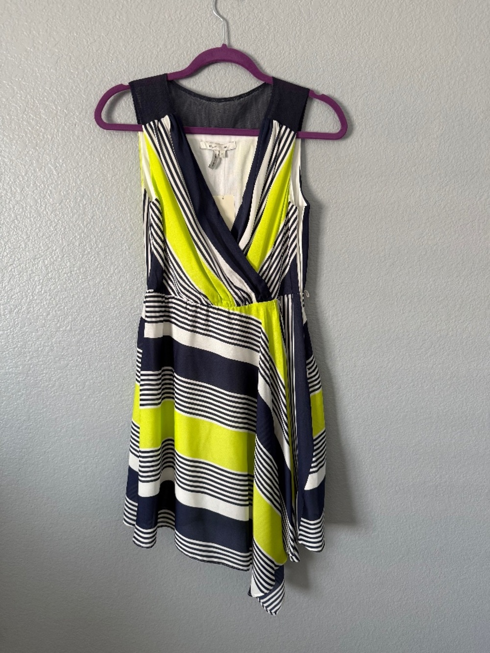 Max and Cleo NWT Navy Blue and Neon Green Striped Dress Size 4